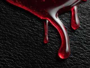 Dark Texture Background with Red Liquid Splatter: Mysterious Abstract Composition, Dynamic Visual Element, Crimson Color Palette, Evocative Design Detail, Contemporary Art Piece, Intense