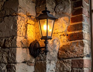 Close-up of an outdoor lamp mounted on a textured stone and brick wall, glowing with warm light