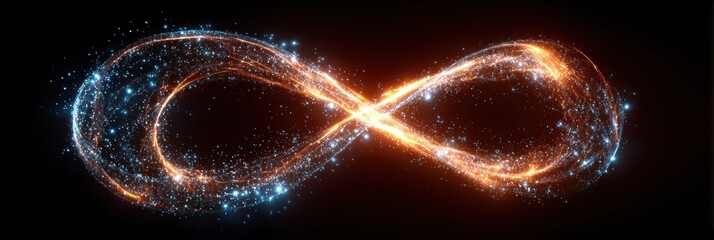 The artwork showcases a vibrant infinity symbol of glowing sparks on a deep black background, symbolizing limitless potential.