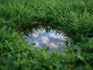 Lush Green Meadow with Reflecting Puddle Springtime Serenity Fresh Growth Dewy Grass Blades Tranquil Nature Scene Reflection of Sky in Water Tiny Pond in Greenery Beautiful Outdoor Nature Close Up 