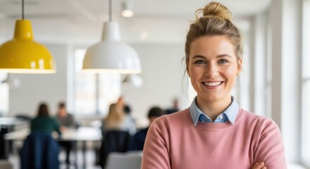 Young woman smiles confidently in a modern office with bright lighting, showcasing a collaborative work environment