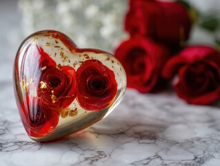 Glass Heart Ornament Golden Flakes Red Rose Buds Transparent Resin Decoration White Marble Background Soft Blurry Flowers Elegant Decorative Still Life
