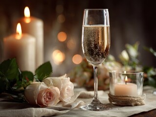 Champagne Flute White Roses Candles Soft Light Festive Table Setting Elegant Decoration