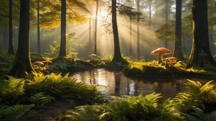 Tranquil forest scene with mushrooms and sunlight filtering through trees by a serene pond