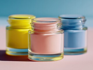 Pastel Paint Pots Display: Isolated Set of Pink, Yellow and Blue Acrylics for Arts and Crafts, Cosmetics or Decorative Purposes on Light Background – Vibrant Colored Pigment Jars