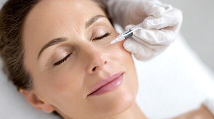 Woman closing eyes and relaxing during a cosmetic injection procedure, with a doctor's gloved hand administering a facial treatment to reduce wrinkles and achieve smoother skin
