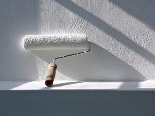 White Paint Roller Applying Smooth Coat on Wall: Refreshing Interior, Home Renovation, Painting Project, Professional Decorating, Smooth Finish, Creating Bright Modern Space