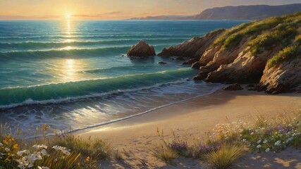 Serene coastal sunset illuminating waves crashing on a sandy beach with lush greenery in the foreground
