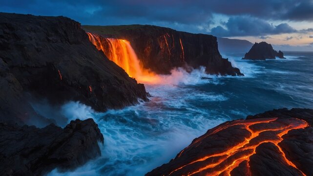 Majestic volcanic waterfall cascading into the ocean at sunset, surrounded by rugged cliffs and waves