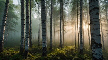 Serene forest scene with tall birch trees surrounded by mist and ferns, sunlight filtering through
