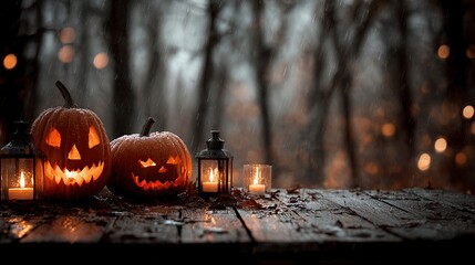 Spooky carved Halloween pumpkins with glowing candles illuminate a festive, eerie night scene, perfect for seasonal decorations and holiday promotions.