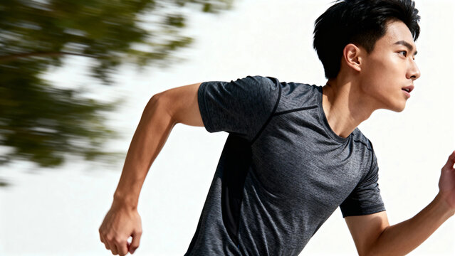 A man running outdoors in athletic wear, captured in motion with a blurred natural background.
