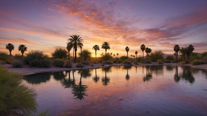 Serene sunset over a tranquil pond surrounded by palm trees and lush vegetation in a desert landscape