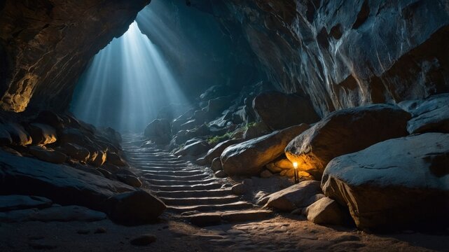 Mysterious cave with illuminated staircase leading deeper into the darkness, surrounded by rocks - Powered by Adobe