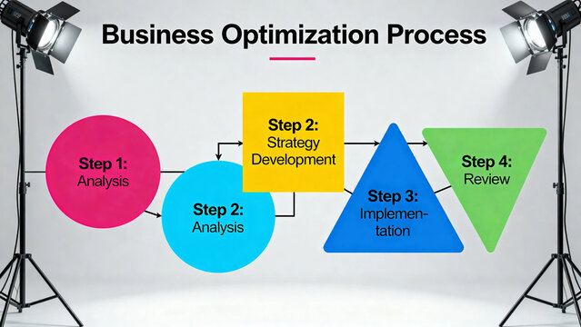 Business Optimization Process diagram showing four steps: Analysis, Strategy Development, Implementation, and Review.