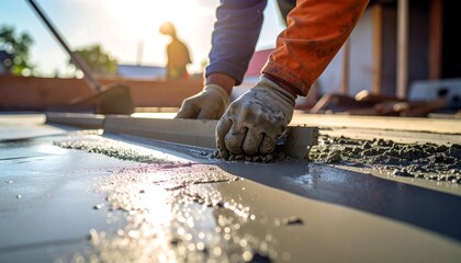 Construction worker smoothing concrete floor