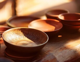 Rustic clay bowls and plates displayed on wooden table in sunlight