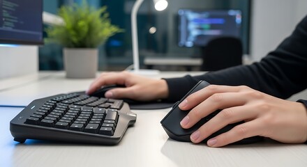 Person using ergonomic keyboard and mouse in a modern office setting
