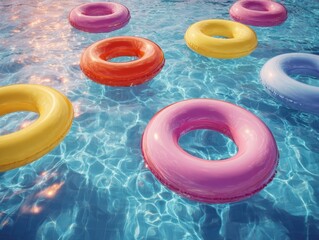 Top Down View: Colorful Swim Rings in Sparkling Pool, Summer Fun