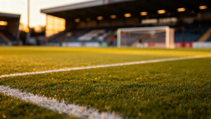 Close-up view of a soccer field with goalpost in the background at stadium during golden hour