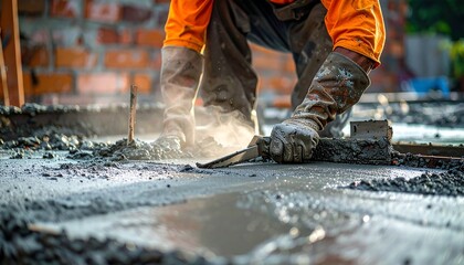 Construction worker spreading concrete