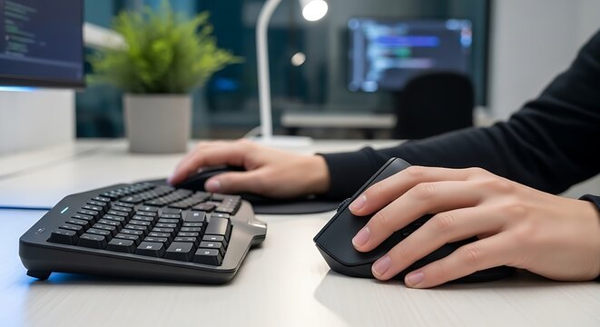 Person using ergonomic keyboard and mouse in a modern office setting