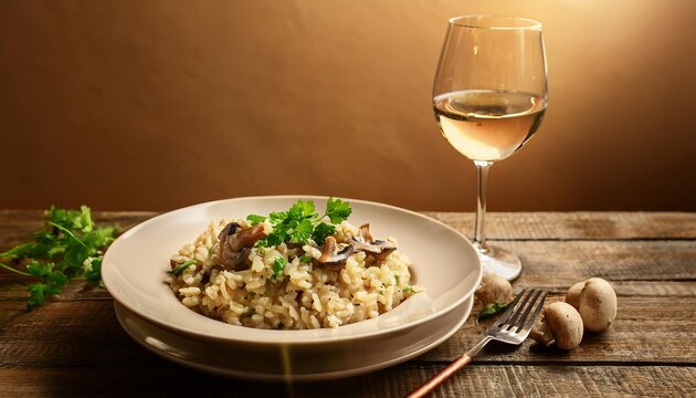 Creamy mushroom risotto with white wine pairing on rustic table