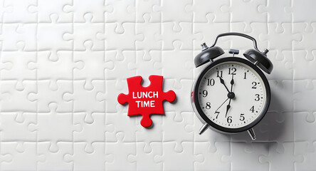 Alarm Clock on White Jigsaw Puzzle with Lunch Time Concept