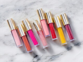 Luxurious Lip Gloss Product Display: Assorted Colors with Golden Caps on Elegant Marble Surface for a Stunning Beauty Presentation