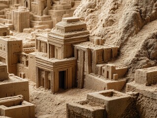 Ancient City of Sand: Intricate Sandcastle Architecture Depicting Civilization's Heritage with Detailed Design and Sandy Texture, Capturing Urban History in Fine Sand Art