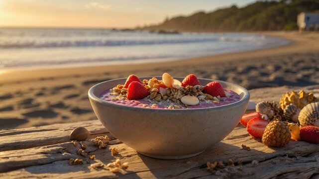 Colorful smoothie bowl with fruits and granola on a beachside wooden table at sunset - Powered by Adobe