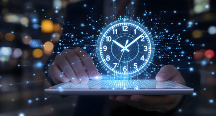 Digital Clock Interface Displayed on a Tablet, Time Management Concept