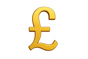 Golden pound symbol representing british currency, finance, wealth, and economy on transparent background