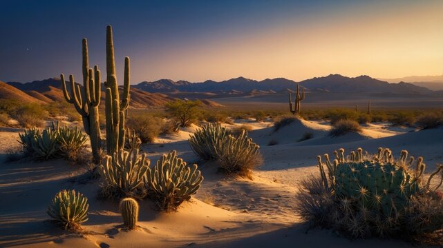 Serene desert landscape at sunset with cacti silhouetted against distant mountains and a clear sky