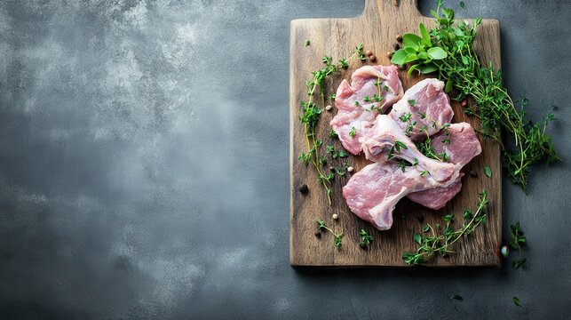 Fresh pork chops with herbs on wooden cutting board ready for cooking in modern kitchen setting