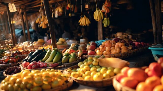 Vibrant Open-Air Fruit Market Stall With Bananas Mangoes Oranges Pineapples Displayed In Wooden Baskets Under A Hanging Canopy Lamps At Golden Hour Sunlight Creating Rich Warm Tones And Lively