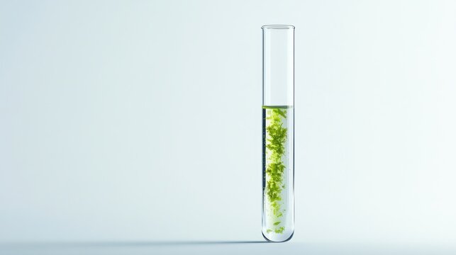 Test tube containing green algae suspended in transparent liquid on a light background in a laboratory setting