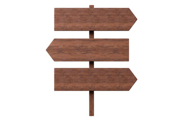 3d wooden signpost with 3 blank arrows icon. direction navigation concept. Minimal cartoon road sign signpost wayfinding for map ui banner. isolated on white background. 3d render.