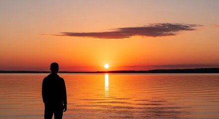Silhouette of a person watching the sunset over a calm body of water