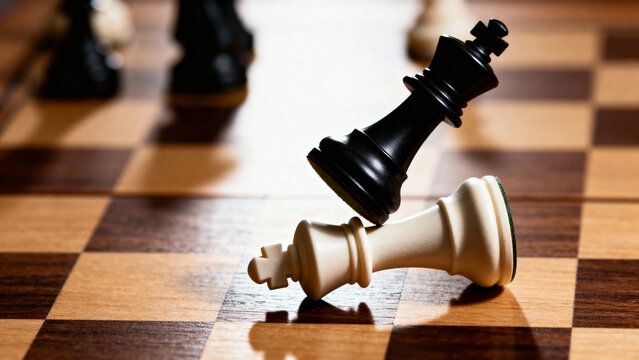 Black chess king topples white king on a checkered board