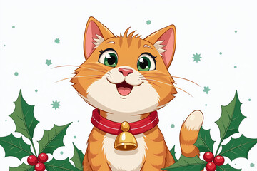 Obraz premium Happy orange cat wearing red collar with golden bell, surrounded by holly leaves and red berries on white background.