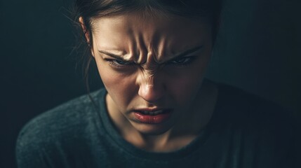 Fototapeta premium Facial expression of anger captured in a dramatic lighting setting with strong emotions displayed