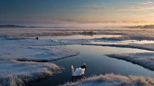 Serene winter landscape with swans gliding through a frosty marsh at dawn with mist rising