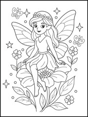 Beautiful Fairy Sitting on a Flower Coloring Page for Kids with Butterflies, Stars, and Leaves. Magical Garden Scene for Children to Color and Enjoy