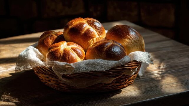 Golden Brown Freshly Baked Bread Rolls In A Woven Basket On A Sunlit Rustic Wooden Table With A Light Linen Cloth, Warm Morning Light Casting Soft Shadows, Cozy Kitchen Ambiance, Bakery Comfort