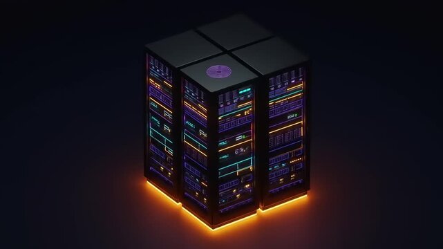 Futuristic server tower with neon lights glowing in a dark environment, showcasing advanced technology