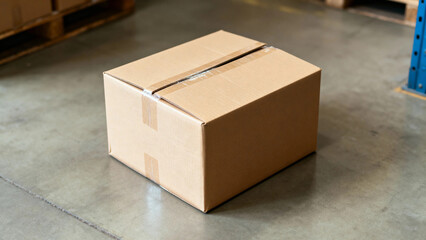 Cardboard box sealed with tape on concrete floor in warehouse setting