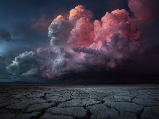 Dramatic Sunset Sky with Puffy Pink and Gray Clouds Over a Vast Cracked Earth Landscape, Evoking a Sense of Desolation and Beauty