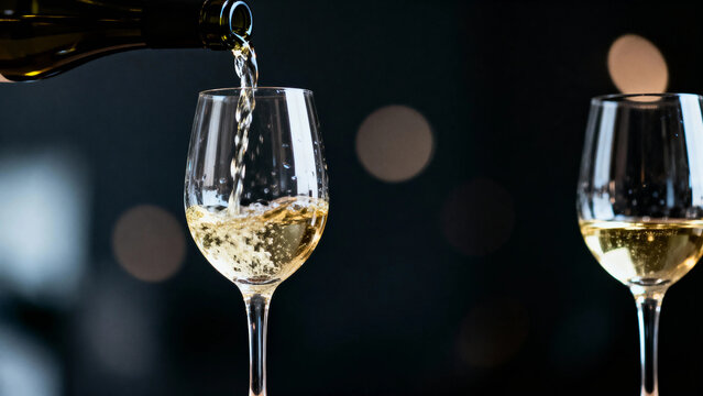 White wine being poured into a glass with another filled glass nearby against a dark, blurred background