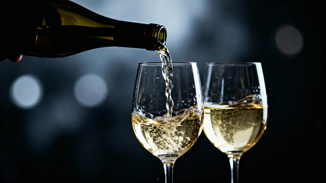 White wine being poured into two glasses against a dark background with bokeh lighting - Powered by Adobe